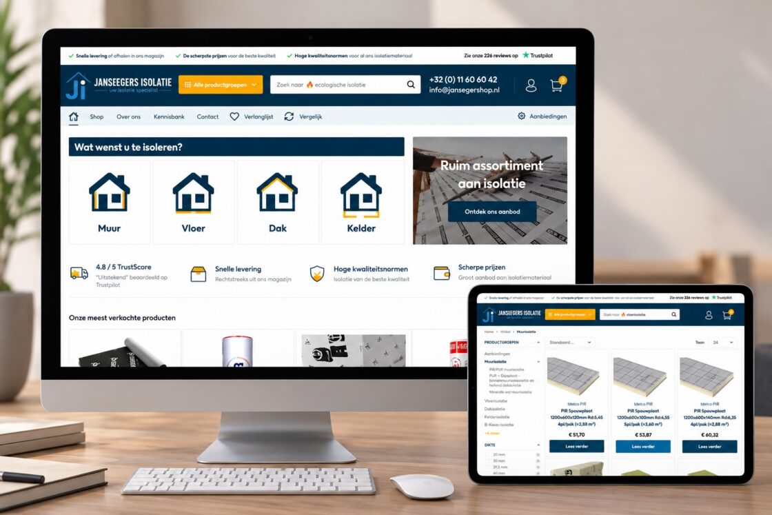 WooCommerce-webshop van Jansegers Shop met isolatiematerialen voor bouw en renovatie